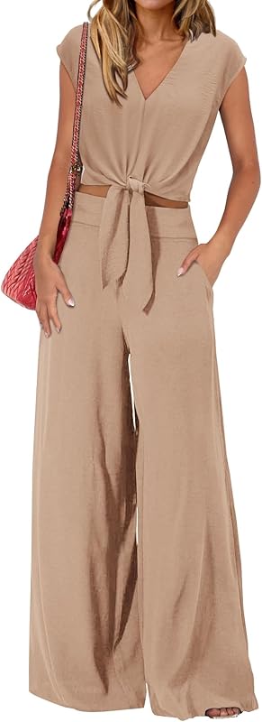 PRETTYGARDEN Women's Summer 2 Piece Outfits 2025 Cap Sleeve V Neck Belted Crop Tops Wide Leg Pant Sets Casual Tracksuit