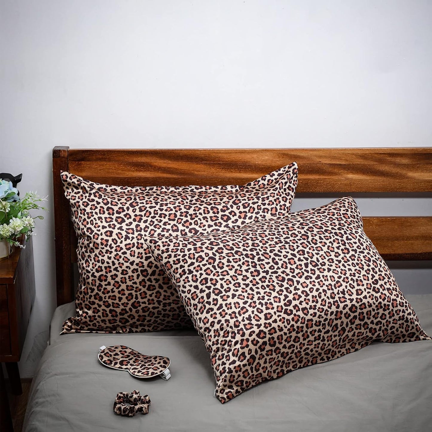 2 Pack Satin Pillowcase with Latent Zipper, Adjustable Satin Eye Mask for Sleeping and Satin Volume Scrunchie for Hair and Skin, Standard Size (Brown,Leopard Style)