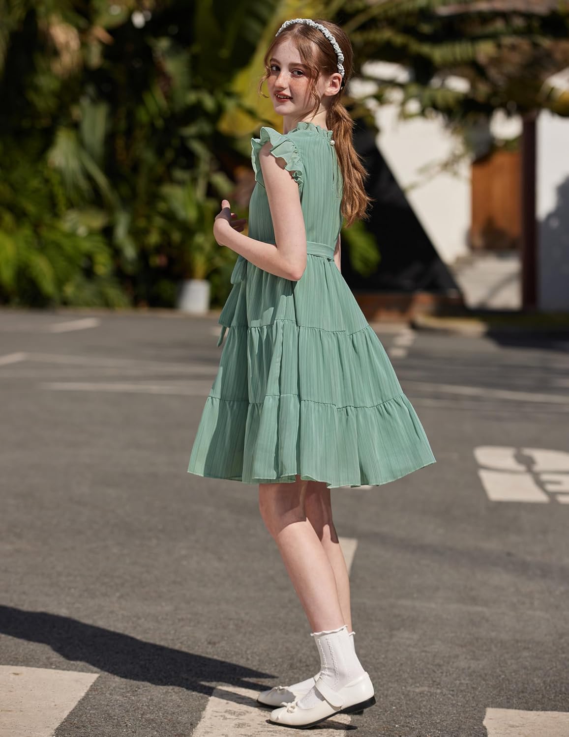 Arshiner Tween Girls Summer Dress Formal Ruffle Sleeve A Line Casual Elegant Dresses with Belt