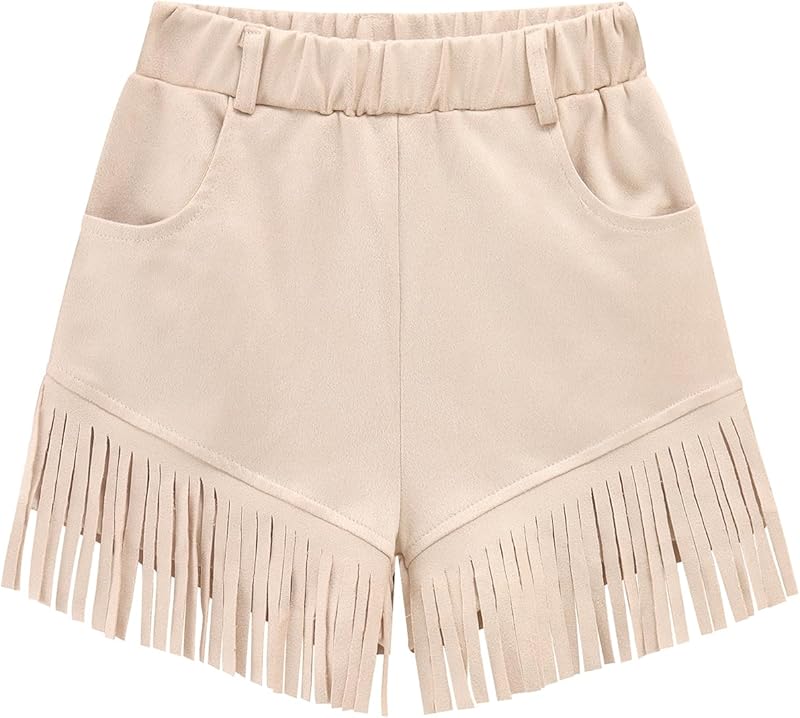 Noomelfish Kids Faux Suede Fringe Shorts Tassel Cowgirl Outfits with Pockets (5-12 Years)