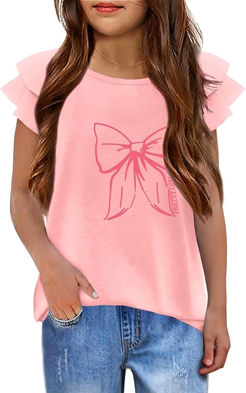 Girls T Shirts Ruffle Short Sleeve Round Neck Loose Blouse Summer Solid Color Casual Girl Tee Tops for 3-12 Years