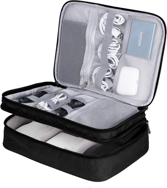 LENTION Cable Electronics Organizer Bag Pouch, Travel Accessories Carry Case Waterproof Double Layers All-in-One Storage Bag Carrying for Cord, Charger, Power Bank, Earphone Black