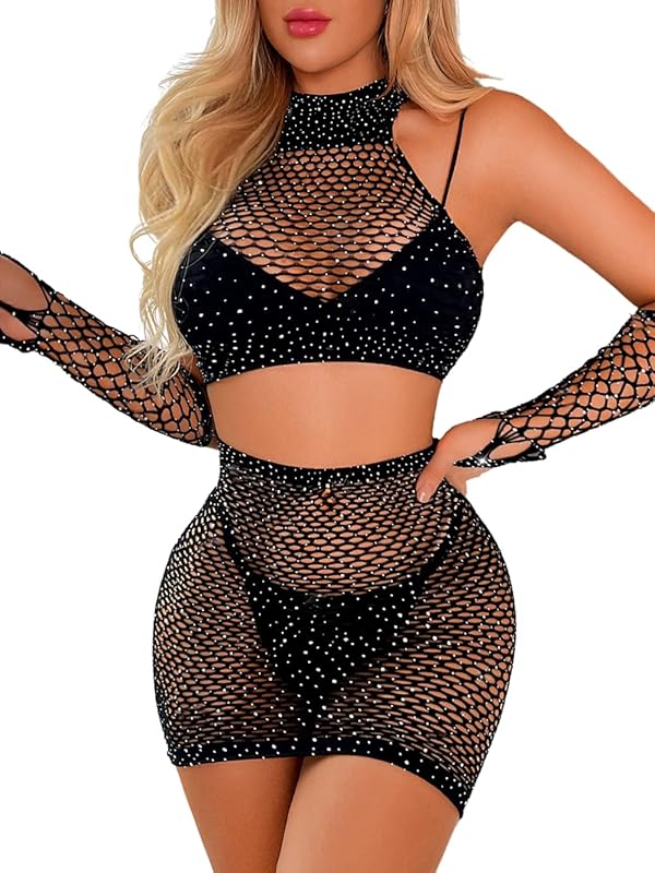 Kaei&Shi Rave Outfits for Women Festival,Glitter Rhinestone Fishnet Skirt Set,Sexy Mesh Swimsuit Cover Up Pool Party Outfit