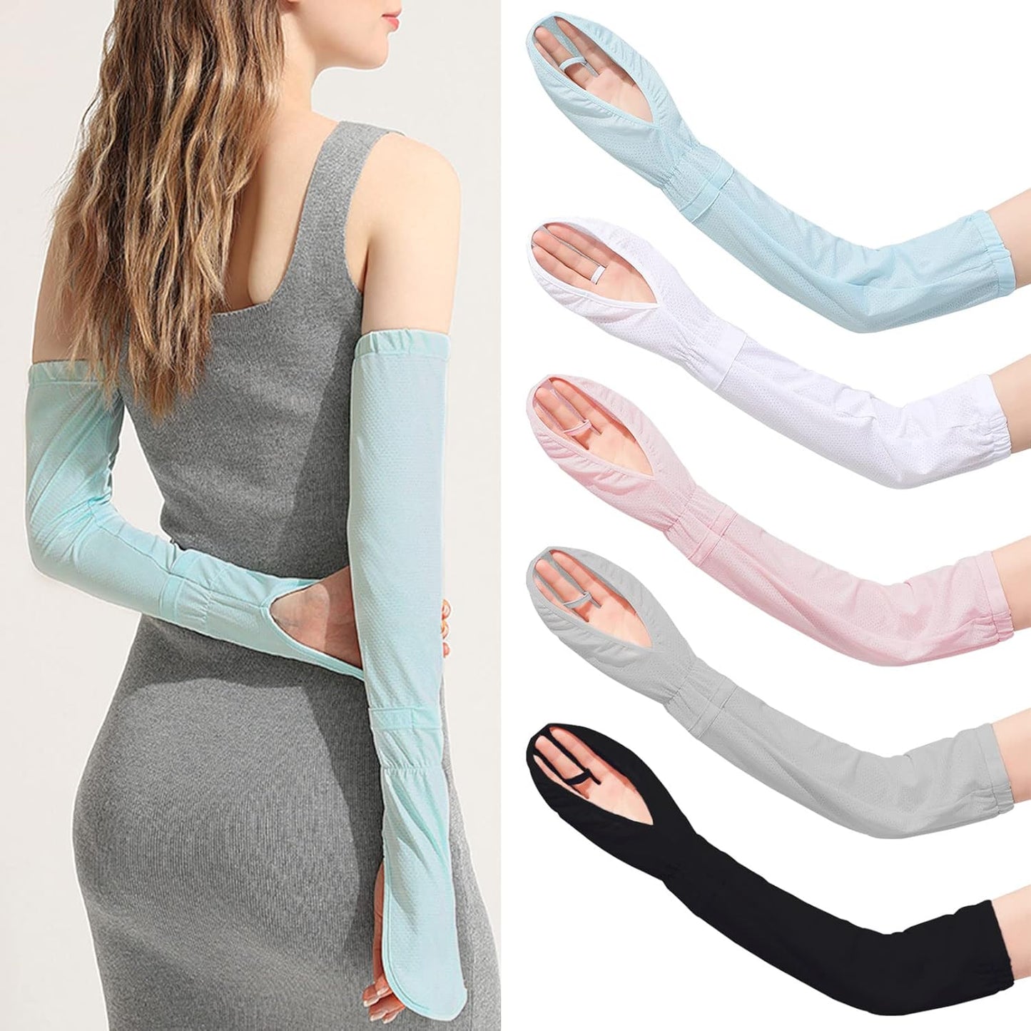 Driving Fingerless Sun Sleeves, Adjustable Arm Sleeve with Gloves, UV Protection Cooling Arm Cover for Gardening
