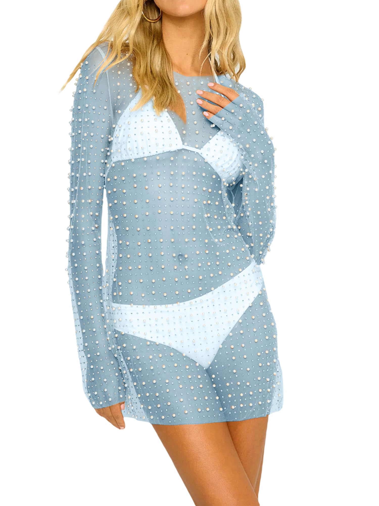 YILEEGOO Sexy Women's Sheer Mesh Pearl Rhinestone Cover Up Dress Beach Swimwear Bikini Bathing Suit Cover Ups