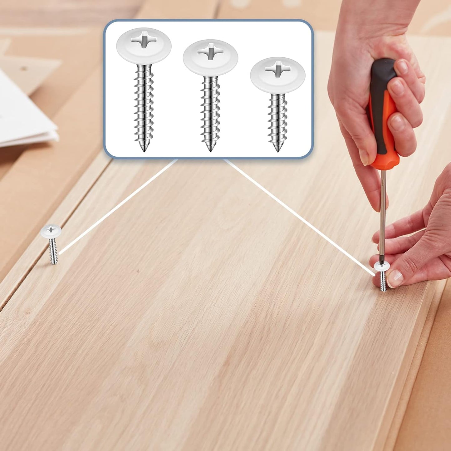 Demissle #8 White Screws Wood Sheet Metal Screw Thread Truss Head Fast Self Tapping White Pan Cabinet Wood Work for Wall Plates, 1/2 Inch, 3/4 Inch, 1 Inch(120 Pcs)