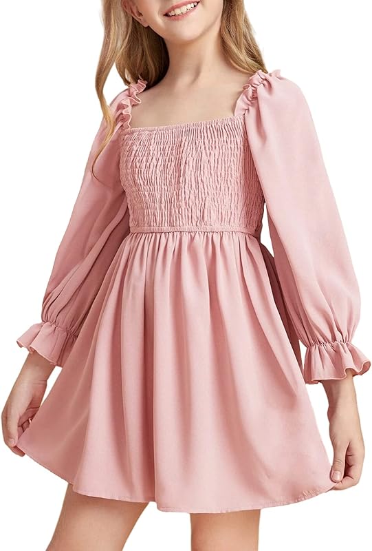 Little Girls Kids Summer Chiffon Ruffle Mini Dress Square Neck Lantern Sleeve Short Dress Tulle Smocked