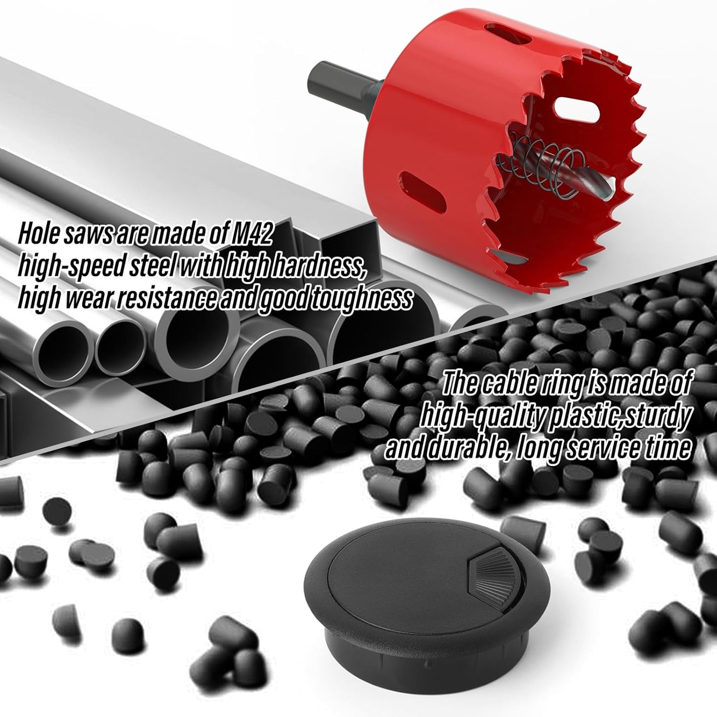 8PCS Black 2-3/8" (60 mm) Desk Grommet, Desk Cable Hole Cover with Hole Saw, Desk Grommet with Hook and Loop Tape