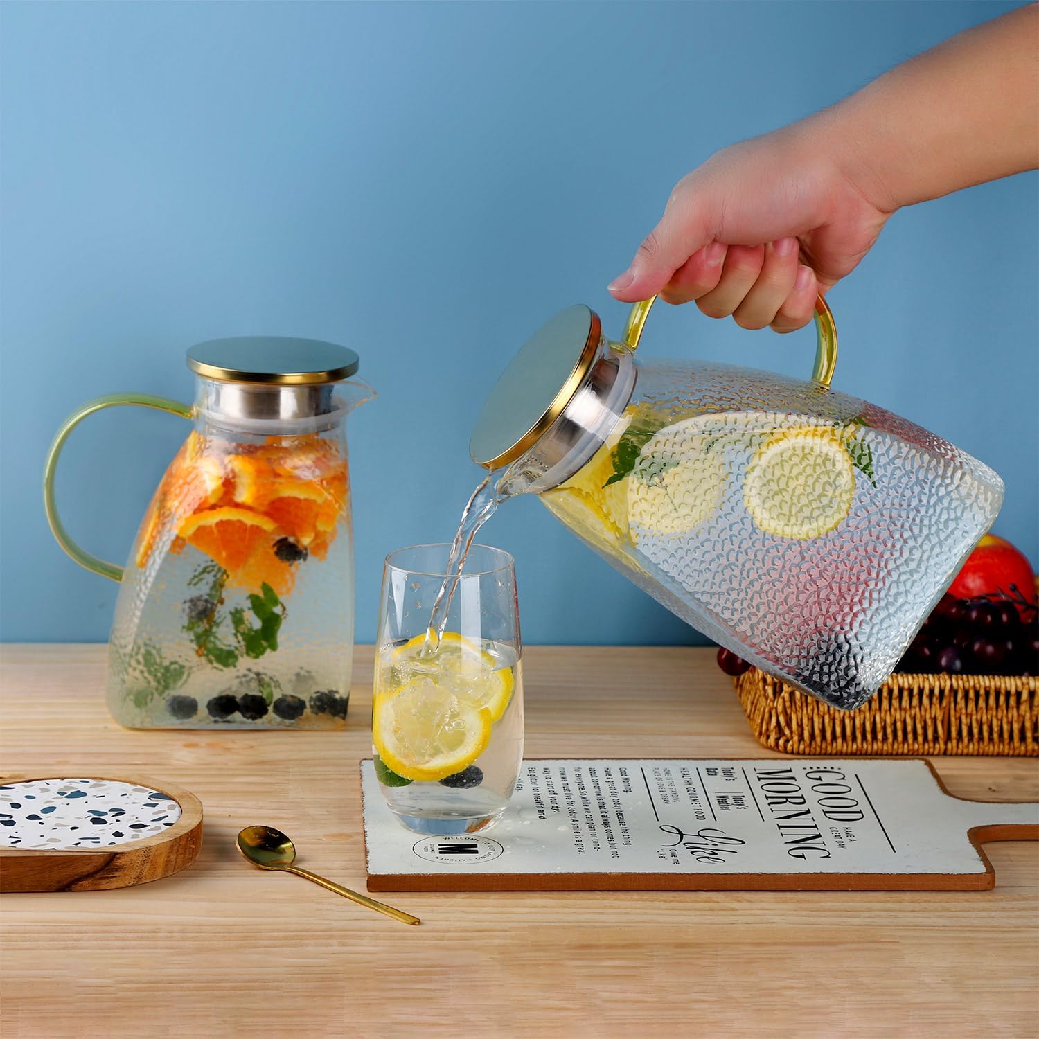WHJY Fridge Door Glass Water Pitcher With Lid - 1.5 Liter/50oz With Handle for Ice Tea, Lemonade, Juice, Coffee, Milk