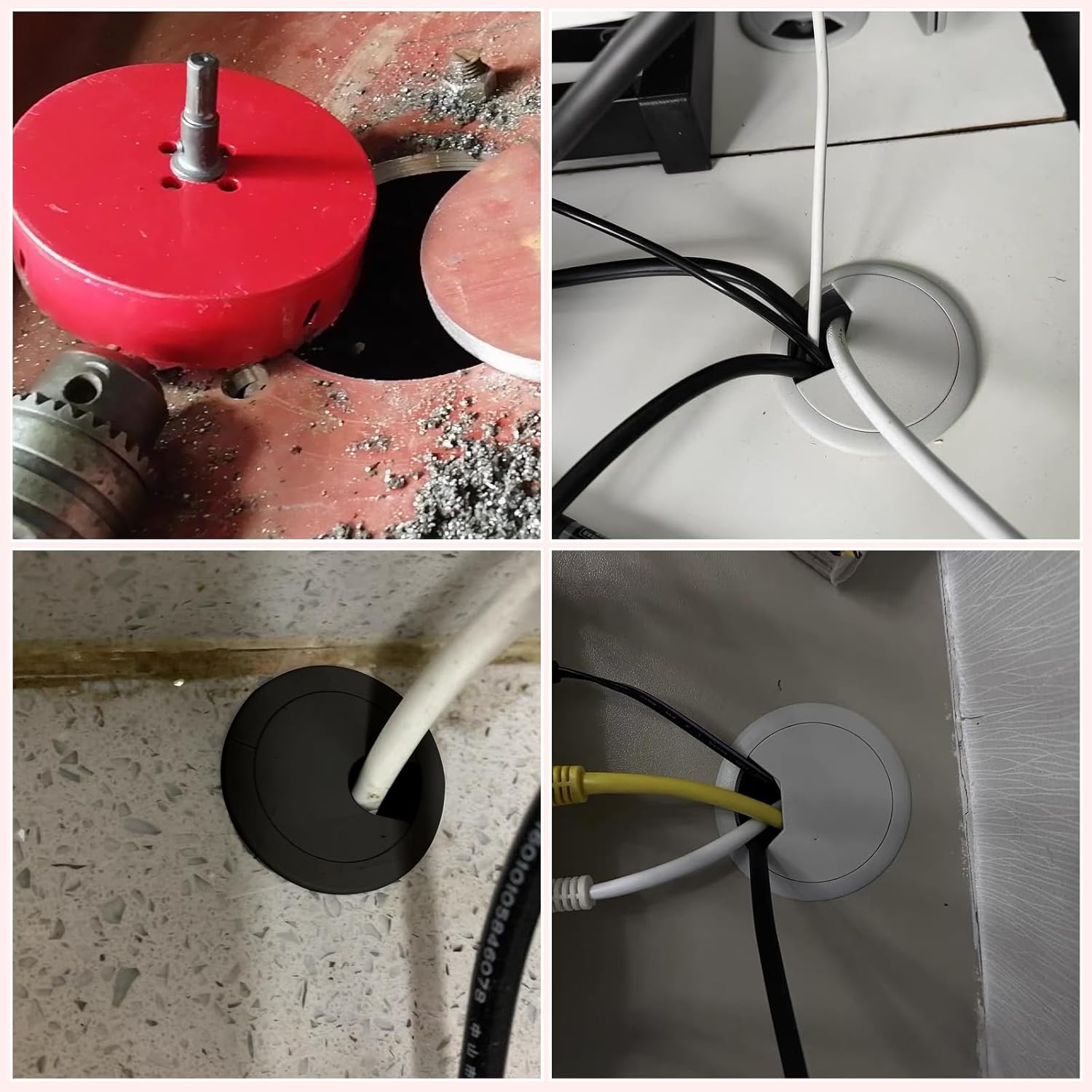 8PCS Black 2-3/8" (60 mm) Desk Grommet, Desk Cable Hole Cover with Hole Saw, Desk Grommet with Hook and Loop Tape