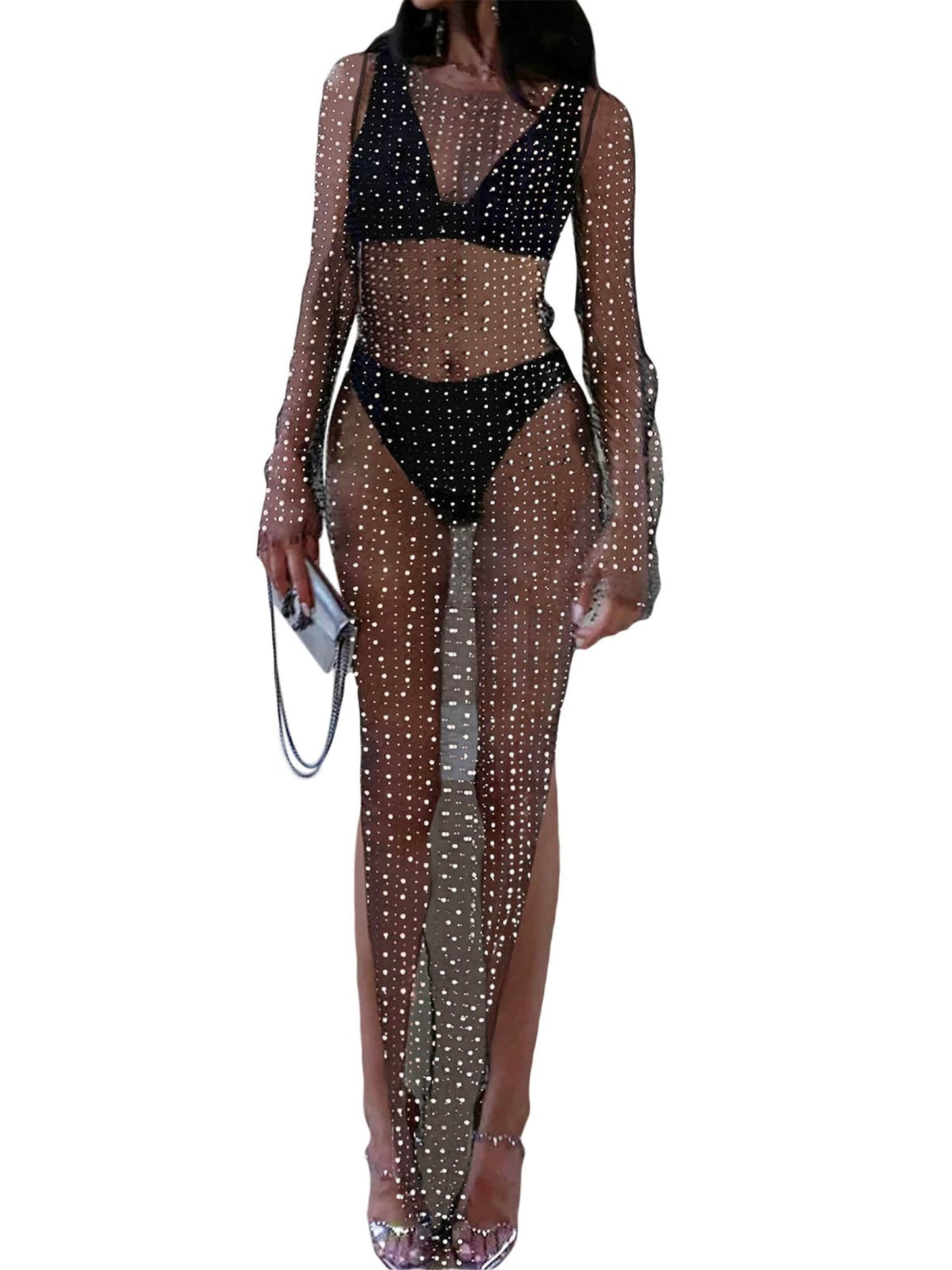 YILEEGOO Sexy Women's Sheer Mesh Pearl Rhinestone Cover Up Dress Beach Swimwear Bikini Bathing Suit Cover Ups