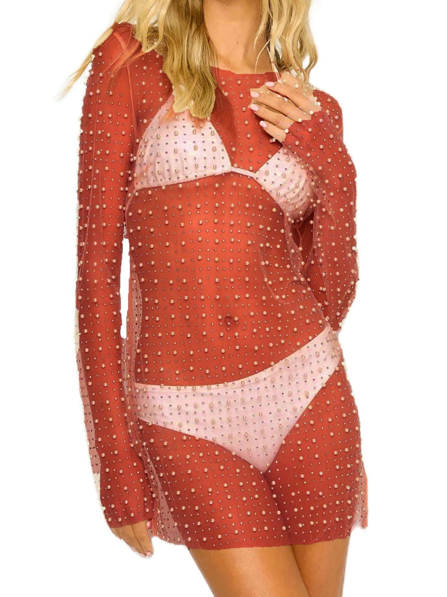 YILEEGOO Sexy Women's Sheer Mesh Pearl Rhinestone Cover Up Dress Beach Swimwear Bikini Bathing Suit Cover Ups