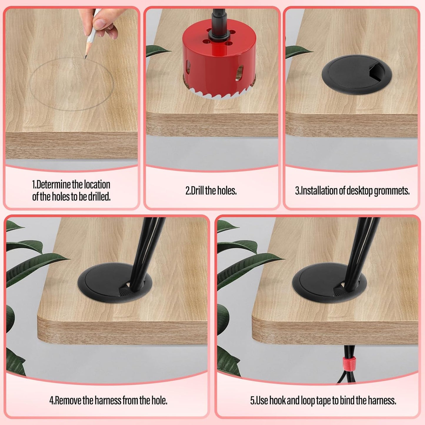 8PCS Black 2-3/8" (60 mm) Desk Grommet, Desk Cable Hole Cover with Hole Saw, Desk Grommet with Hook and Loop Tape