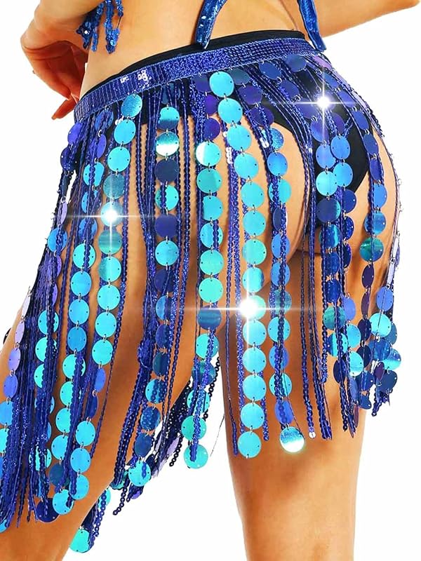 Aukmla Women Sparkly Sequin Belly Dance Skirt Fringe Festival Hip Scarf Dots Tassel Skirts