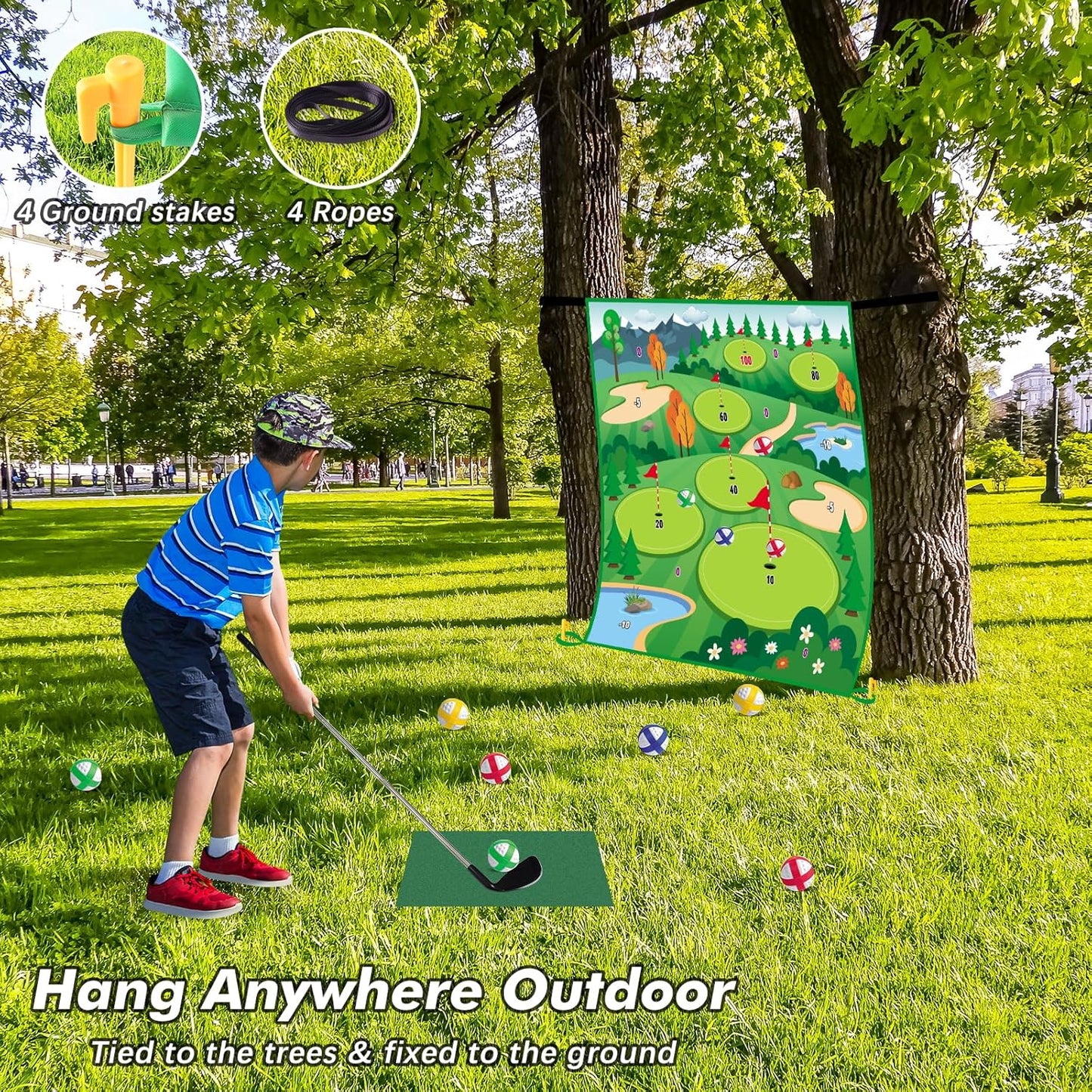VATOS Golf Chipping Game Mat with Club, Golf Practice Mats Golf Training Mat Indoor Outdoor for Kids Adults Family, Golf Hitting Mat with 20 Balls, Play Equipment Stick Chip Golf Set Backyard Game
