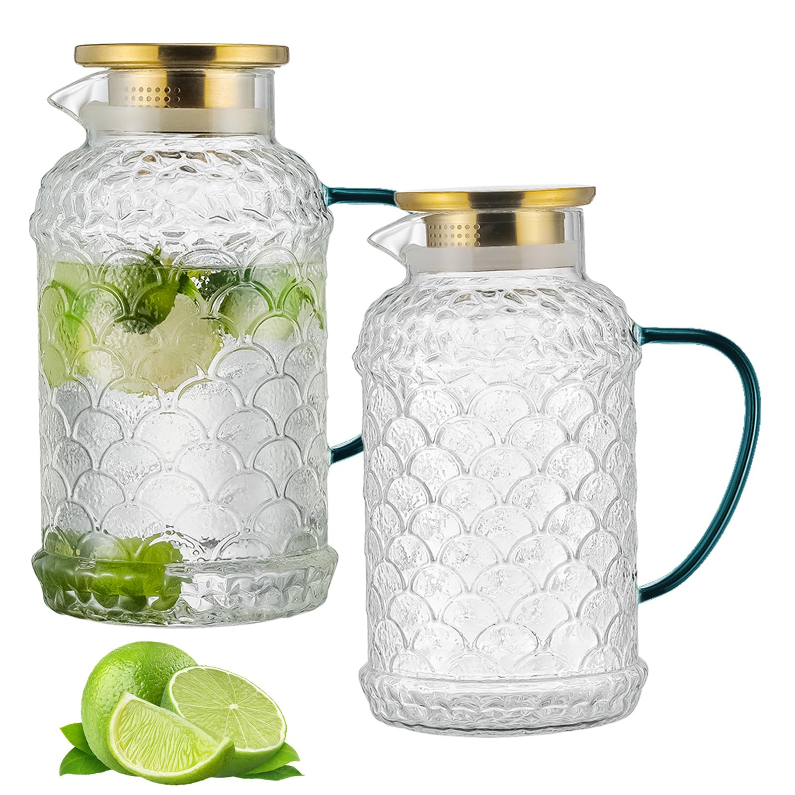 Glass Pitcher with Lid, 2 PACK 68 oz/2 Liter Vintage Water Pitcher, Clear Borosilicate Glass Water Carafe for Cold Brew, Coffee, Lemonade, Iced Sun Tea,Beverage, Milk, Heat Resistant