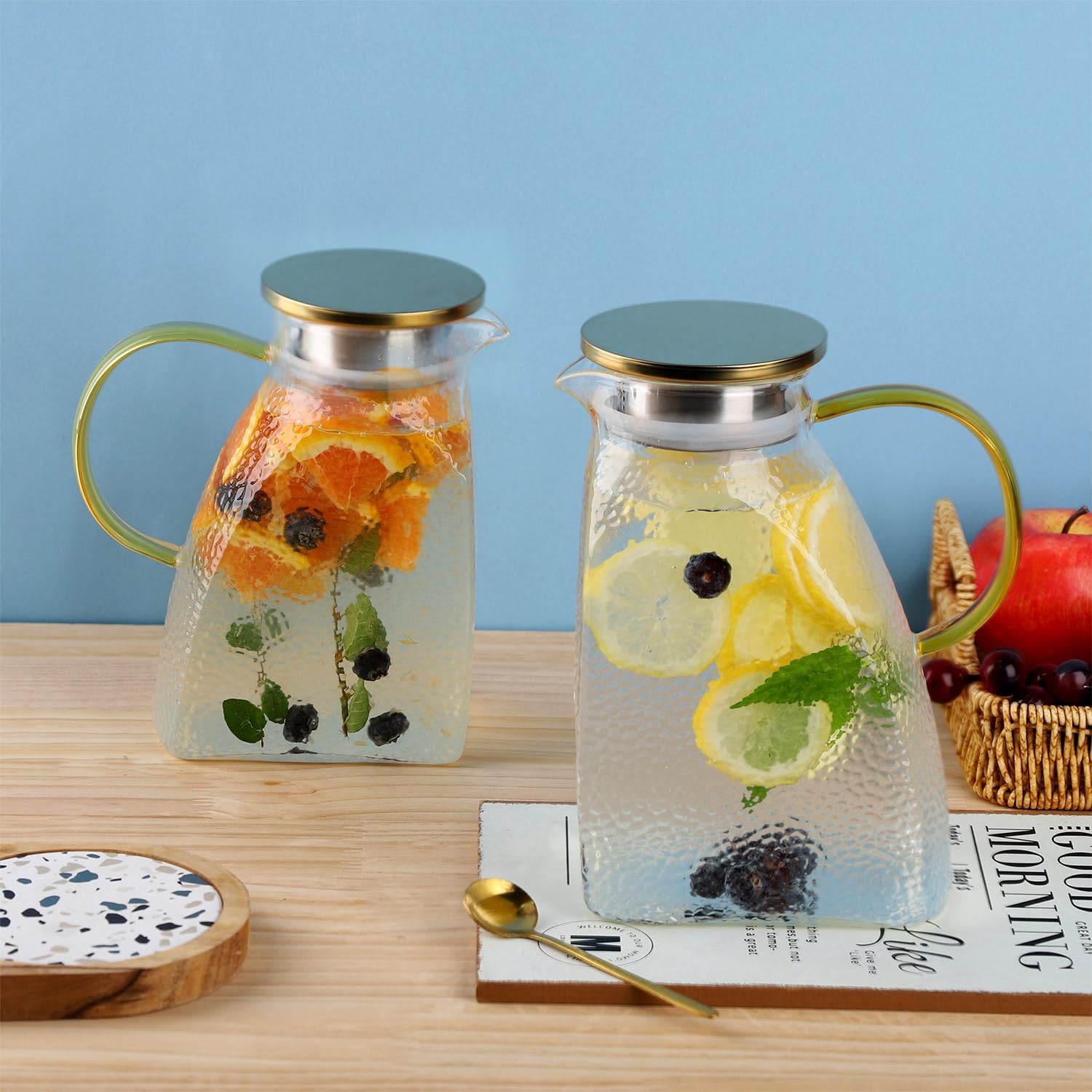 WHJY Fridge Door Glass Water Pitcher With Lid - 1.5 Liter/50oz With Handle for Ice Tea, Lemonade, Juice, Coffee, Milk