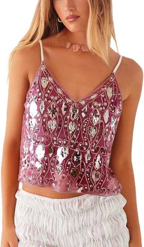 Women Y2K Sequin Cami Top Sexy Sparkly V Neck Tank Top Backless Glitter Crop Tops Floral Rhinestone Clubwear