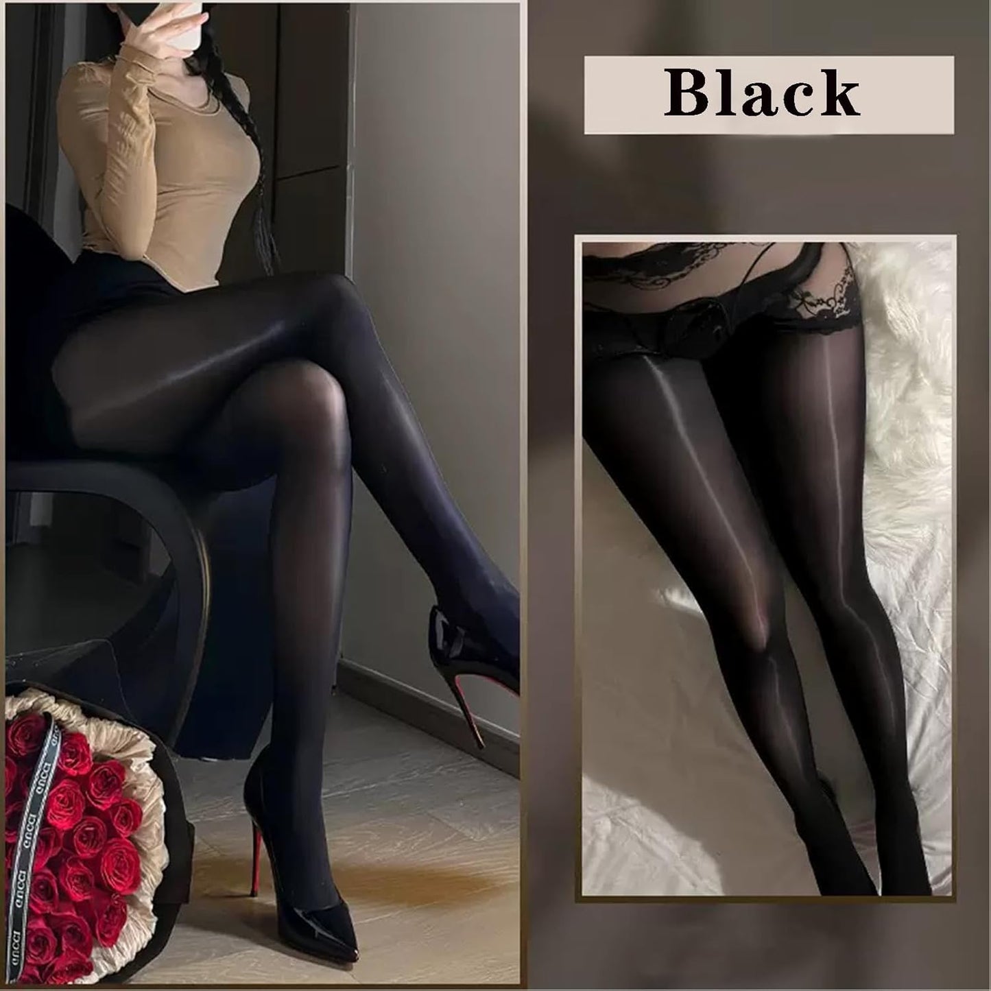 Women's Oil Shiny Pantyhose Lace Crotch High Waist Stockings Tights Oil Shimmer Tights Ultra Silky 8 Denier