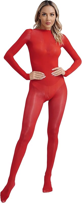 ACSUSS Womens 8D Ultrathin Catsuit Glossy Oil Shiny Sheer Nylon Bodystocking Full Body Jumpsuit