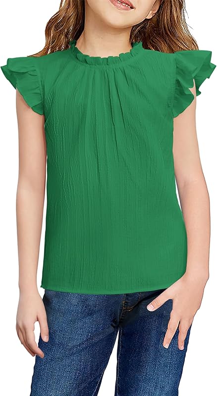 Arshiner Girls Ruffle Short Sleeve Shirts Cute Summer Frill Neck Pleated Textured Blouse Tops