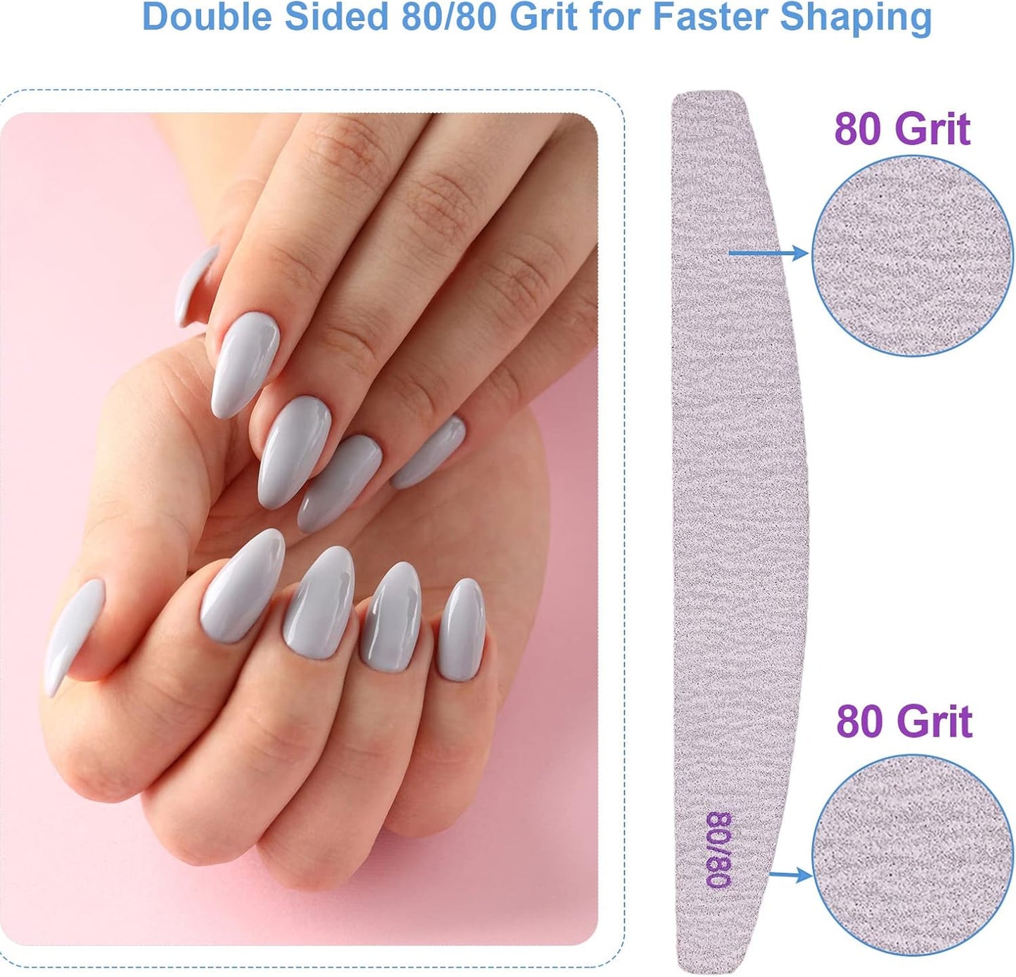 80/80 Grit Nail Files (10 Pack), Emery Boards for Acrylic Nails and Gel Nails, Coarse Nail File Double Sided 80 Grits Emory Professional Nail Filers Reusable Washable Manicure Curved Gray