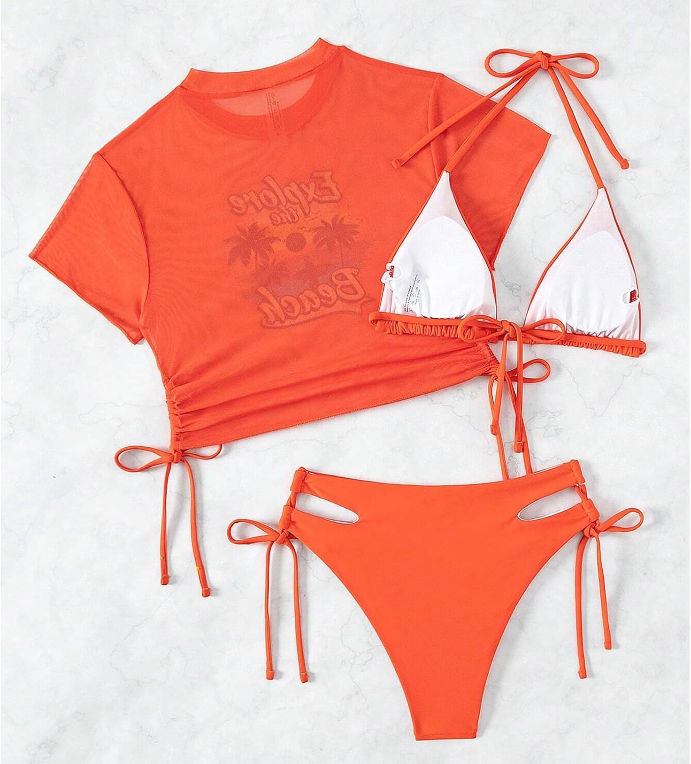 Women's 3 Piece Swimsuit Halter String Bikini Tie Side Mesh Short Sleeve Bathing Suits