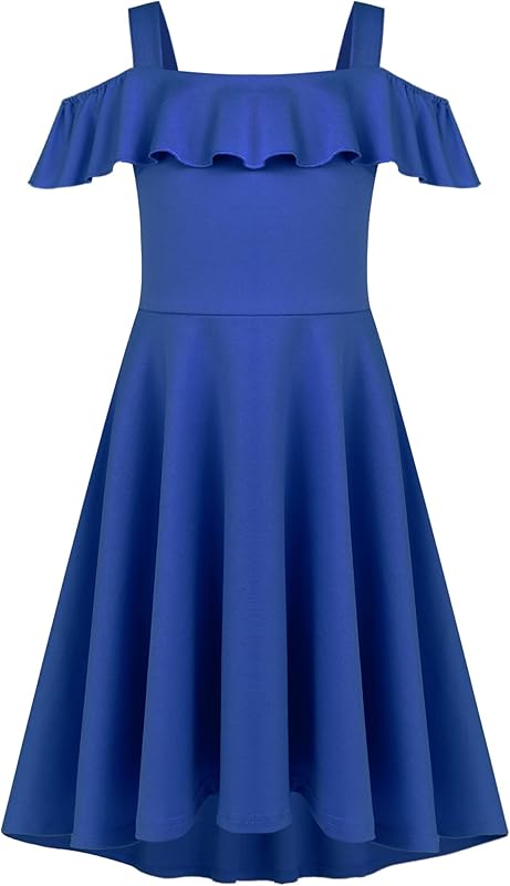 Arshiner Girls Summer Dress Off Shoulder Children's Dress Ruffle Sleeves Elegant Strap Dress Children A Line Swing Dress High Low Dress Casual Dresses with Pocket 4-13Years