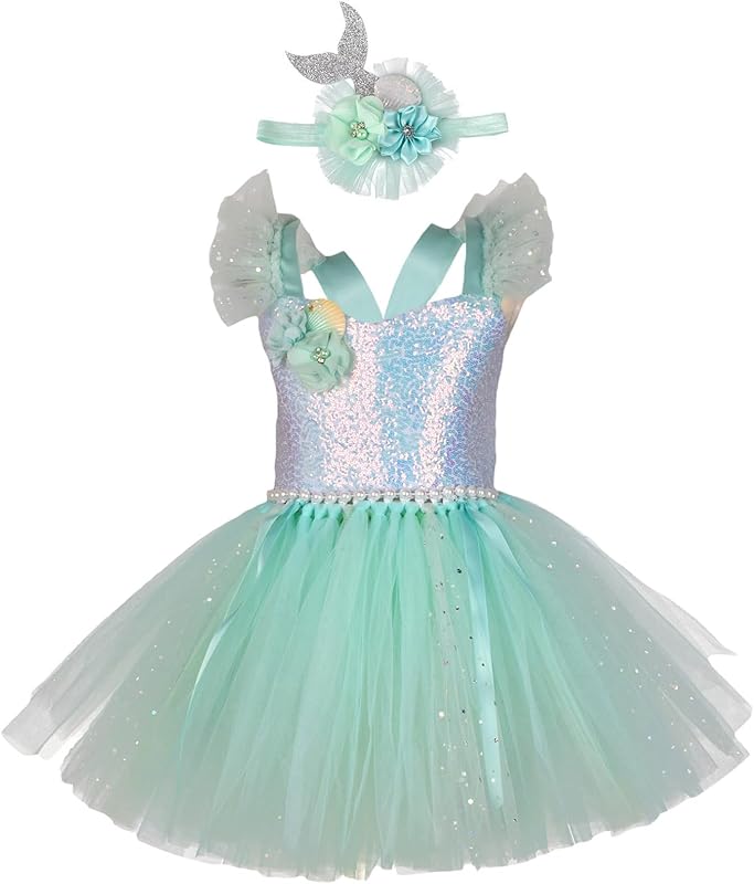 Kids Girls Mermaid Tutu Dress Outfit Fly Sleeve Tulle Patchwork A-line Dress with Headband