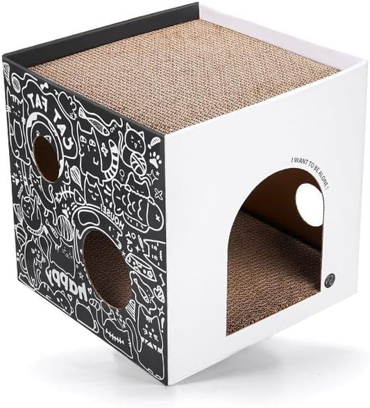 Dual-Level Cat Scratcher & Cozy Cat Cave House - Space-Saving Durable Corrugated Fiberboard for Indoor Cats, Furniture Protector with Adventure-Ready Design Cardboard Cat House