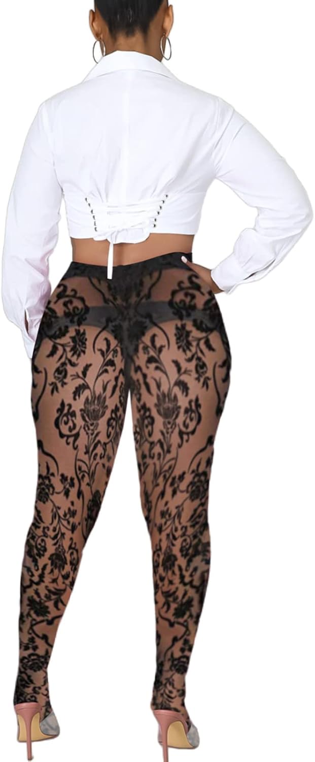 Women's Tie Dye Mesh Legging - High Waist Sheer Pantihose Long Pants Stretchy Tights Clubwear Closed Toe