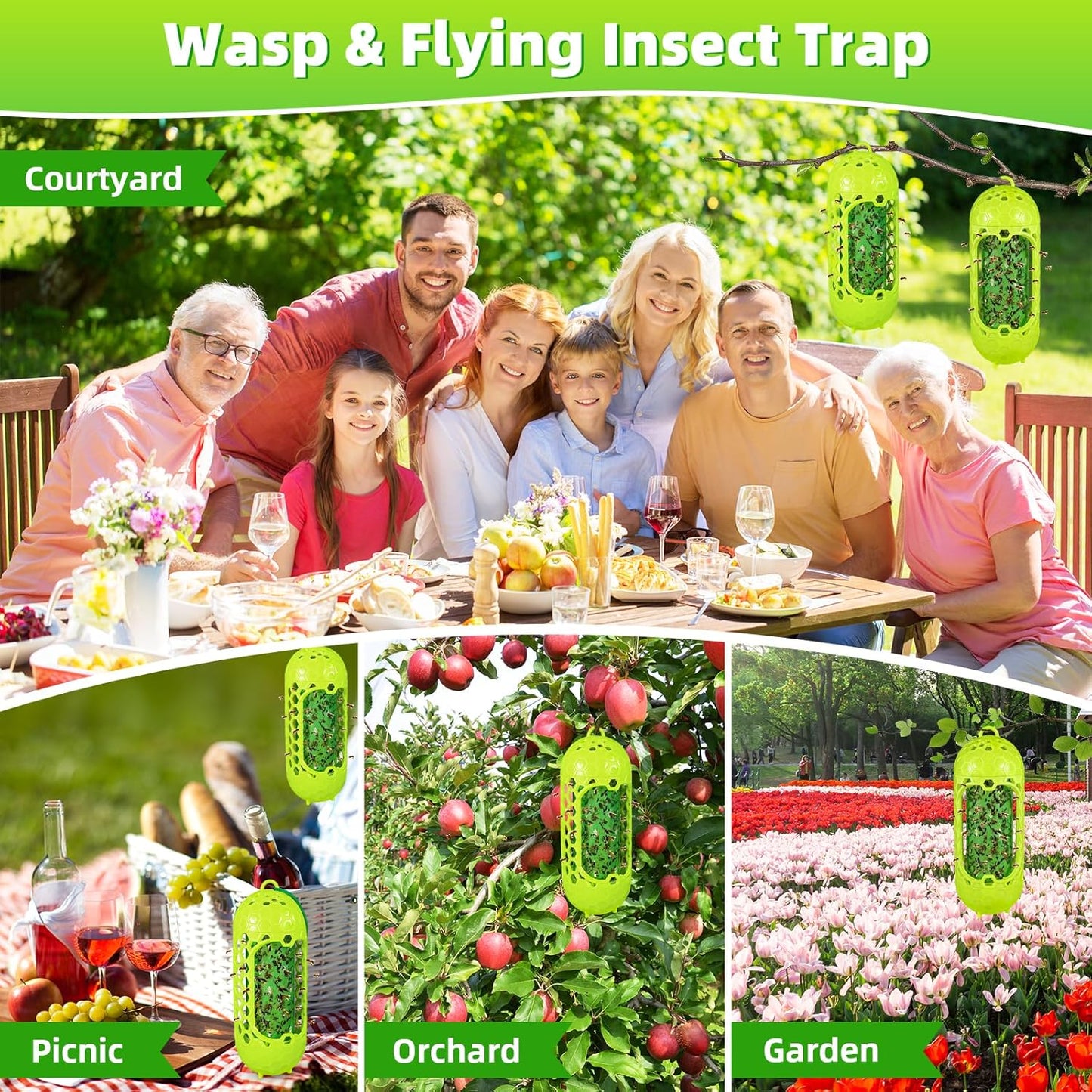 2 Pack Upgraded Outdoor Hanging Wasp Trap, Bee Traps for Outdoor Yellow Jacket Bee Catcher Trap, 2 PCS Refillable Sticky Papers, Fly Bug Insect Deterrent Killer