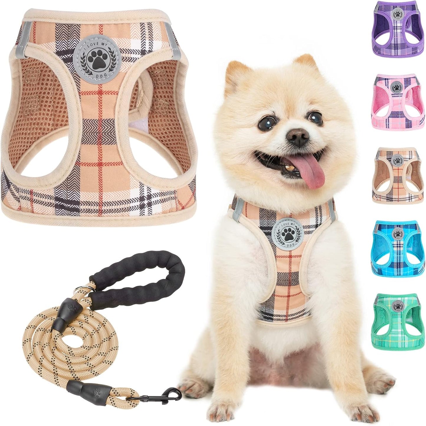 BEAUTYZOO Plaid Dog Harness and Leash Set for XS S Pets, Step-in No Choke No Pull Soft Mesh Vest Harness, Reflective for Extra-Small/Small Medium Puppy Dogs and Cats, Beige S