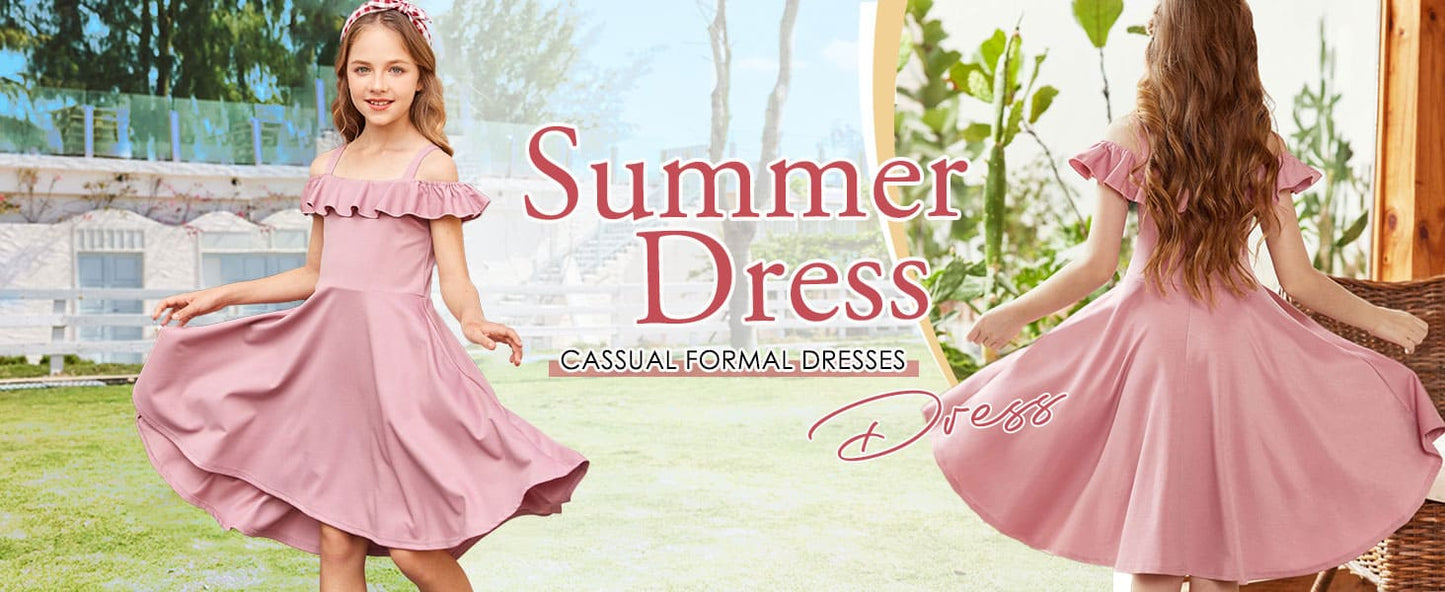 Arshiner Girls Summer Dress Off Shoulder Children's Dress Ruffle Sleeves Elegant Strap Dress Children A Line Swing Dress High Low Dress Casual Dresses with Pocket 4-13Years