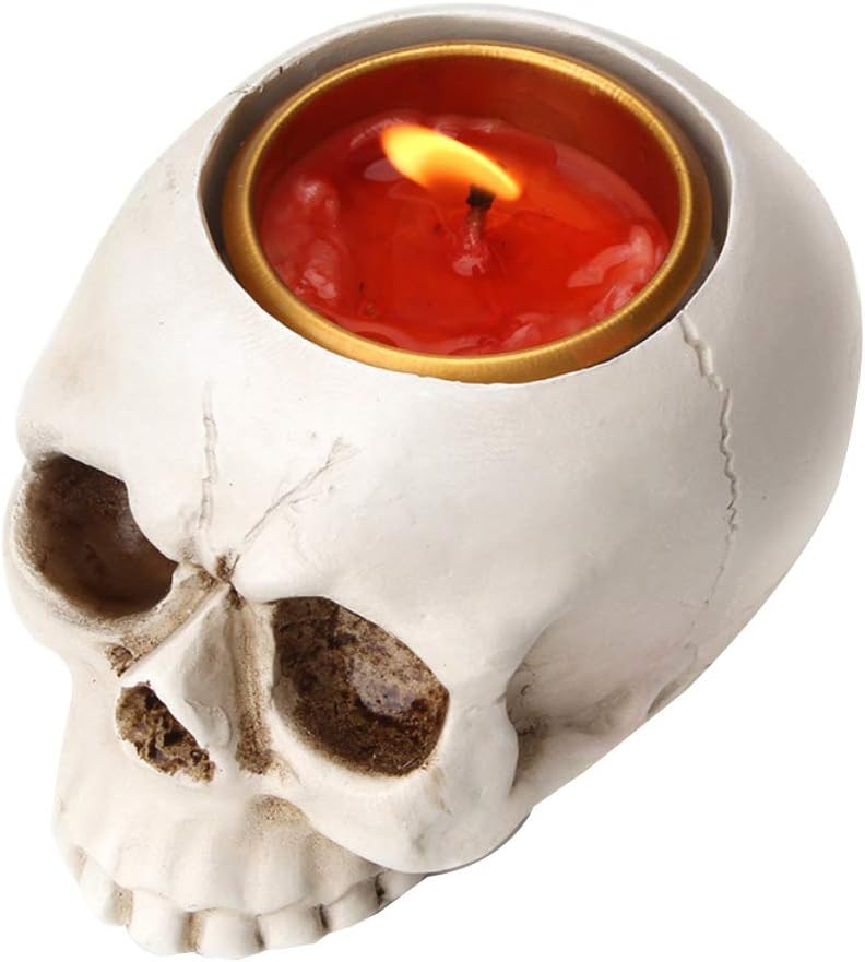 1 PCS Skeleton Skull Candlestick Holder Halloween Home Party Decorative Resin Skeleton Candle Holder Themed Bar Decoration (White)