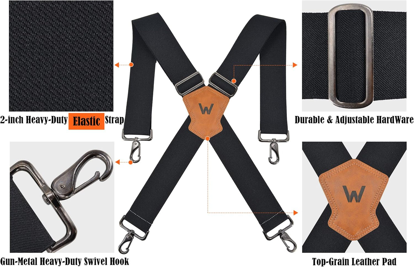 WELKINLAND 2Inch-Wide Full Elastic Suspenders, Heavy Duty Men's Work Suspenders with Hooks
