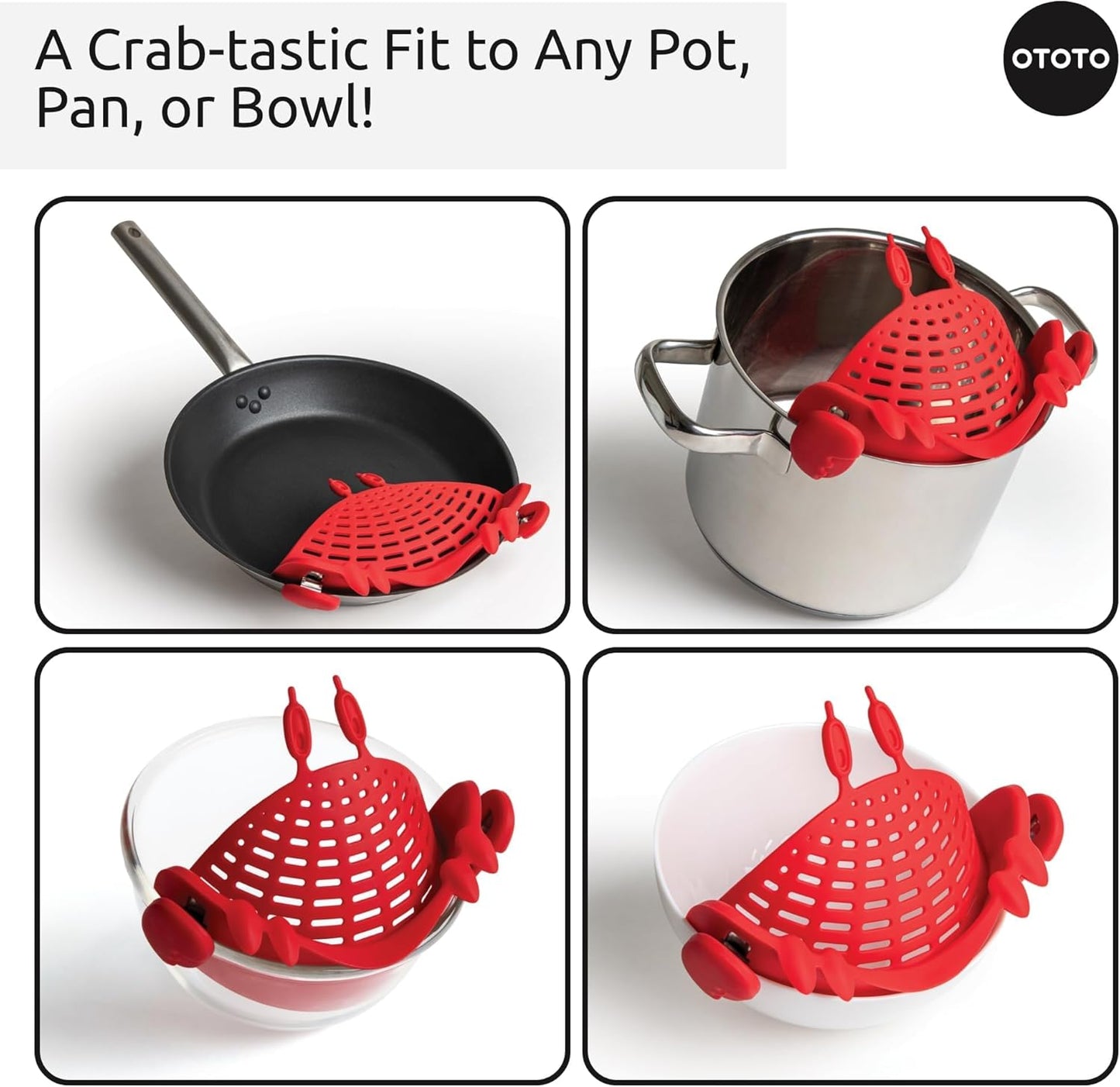 NEW Crabby Clip-On Strainer by OTOTO - Silicone and Stainless Steel Pasta Strainer, Funny Gifts, Cute Kitchen Accessories, Red Crab, Cool Kitchen Gadgets