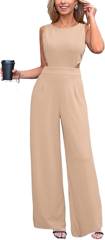 CUPSHE Combinaison pour femme avec découpe col rond sans manches et dos nu, jambes longues et larges, style élégant et décontracté