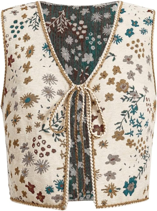 SweatyRocks Women's Floral Print V Neck Vest Tie Front Sleeveless Boho Vests Tops