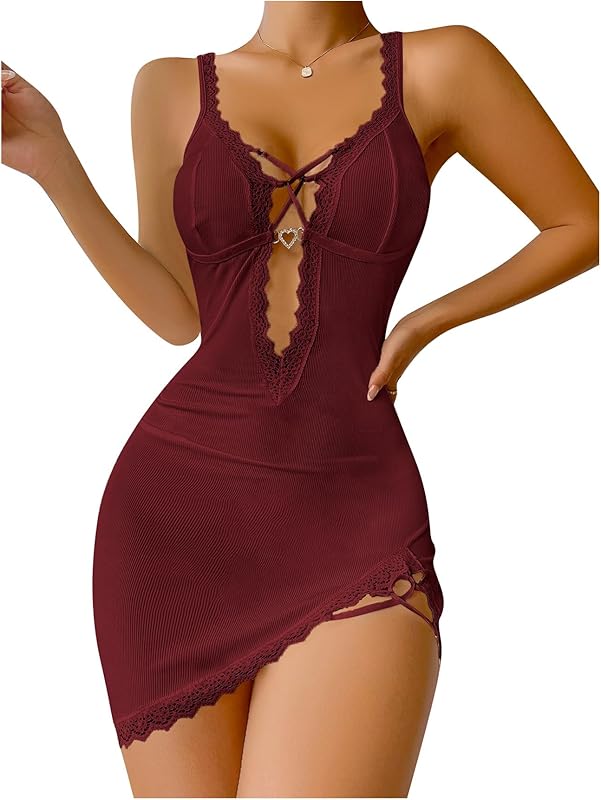 SHENHE Women's Ribbed Deep V Neck Floral Print Lace Trim Sexy Nightgown Chemise Slip Dress