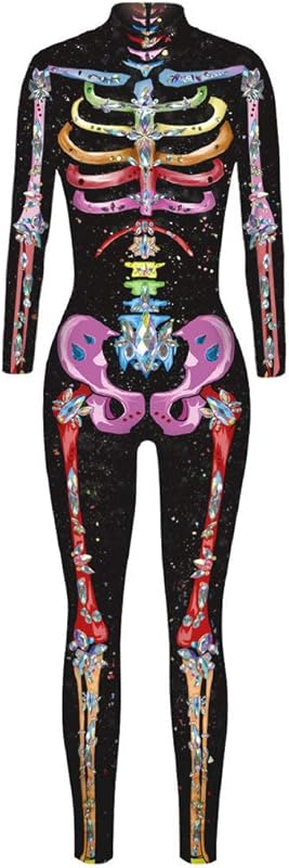 JJEUWE Women's Skeleton Halloween Bodysuit Costume Stretch Skinny Catsuit Jumpsuit
