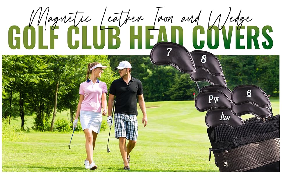 Premium Magnetic Leather Iron and Wedge Golf Club Head Covers | Set of 10 | Fits Most Clubs | Embroidered Club Label on Both Sides of Club Head Cover