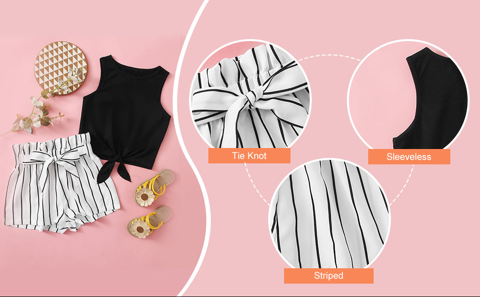 OYOANGLE Girl's 2 Piece Outfits Summer Tie Knot Tank Top and Paperbag Waist Striped Shorts Set