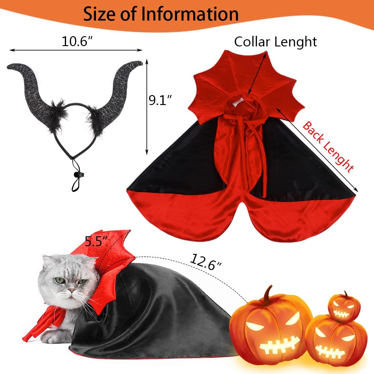 2 Pcs Dog Halloween Costume Set Cat Witch Vampire Cape Devil Horns Hat Holiday Clothes for Cat Puppy Halloween Party Pet Outfits M