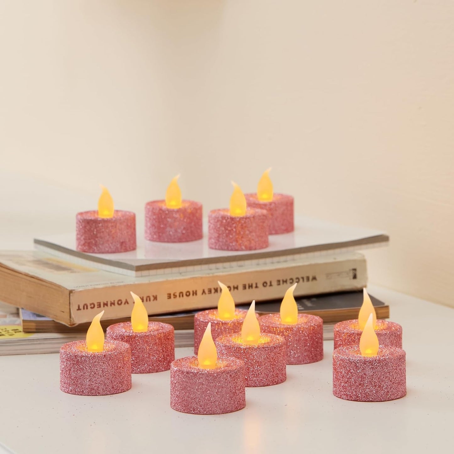 FURORA LIGHTING Pink Glitter LED Tealight Candles Pack of 12, Flameless Flickering Tealight Candles for Home Décor, 1.5’’(W) x 1.65’’(H), Battery Operated