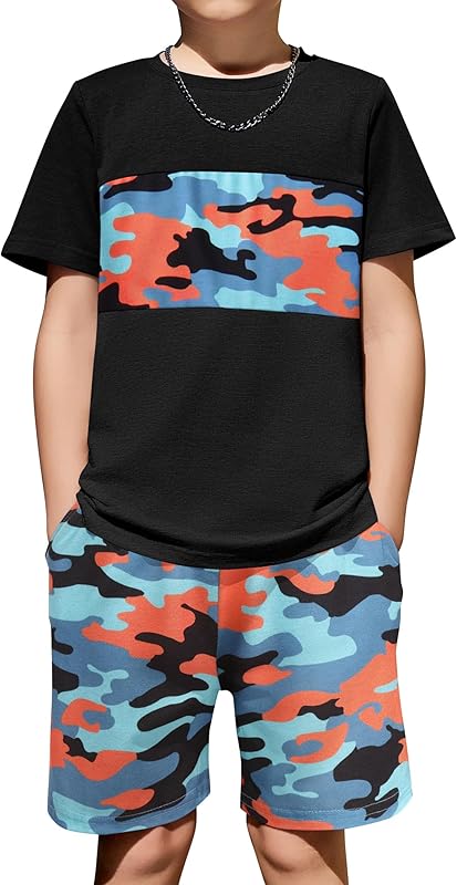 Arshiner Boys' 2-Piece Cotton Outfit Color Block T-Shirt and Shorts Set Casual Summer Clothes for Kids 6-14 Years