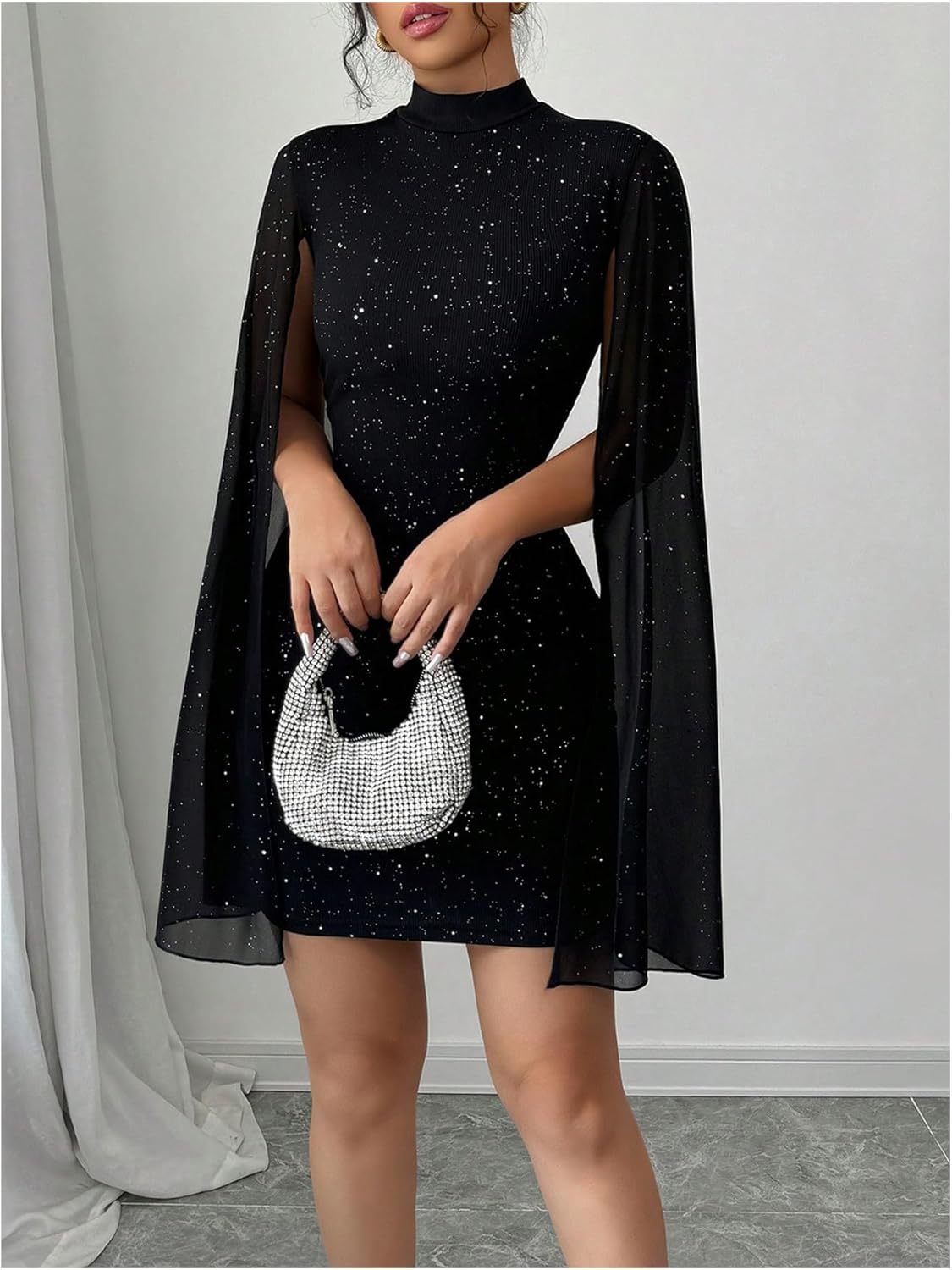 SOLY HUX Women's Sparkly Glitter Bodycon Mini Dress Sequin Long Bell Sleeve Mock Neck Prom Cocktail Party Dresses