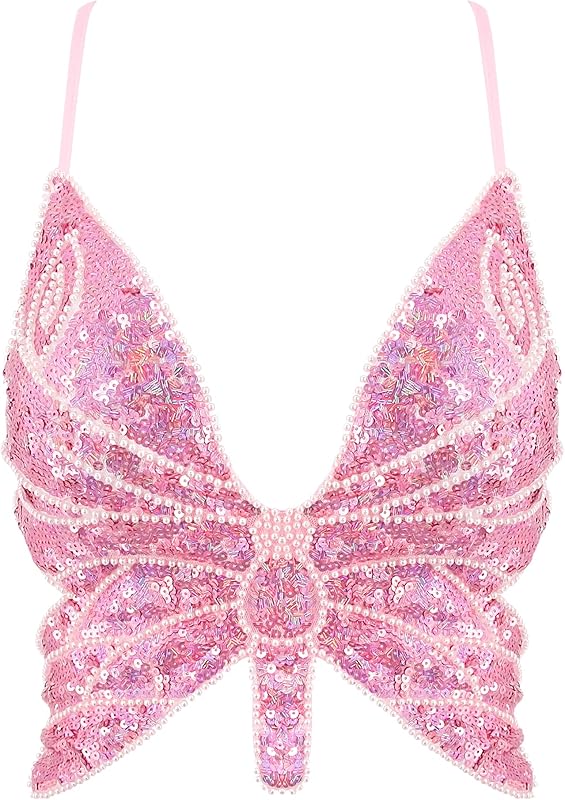 Mocure Womens Glitter Sequin Butterfly Crop Top Low-Cut Tank Top Rave Tube Vest Top for Belly Dance Costume Outfits
