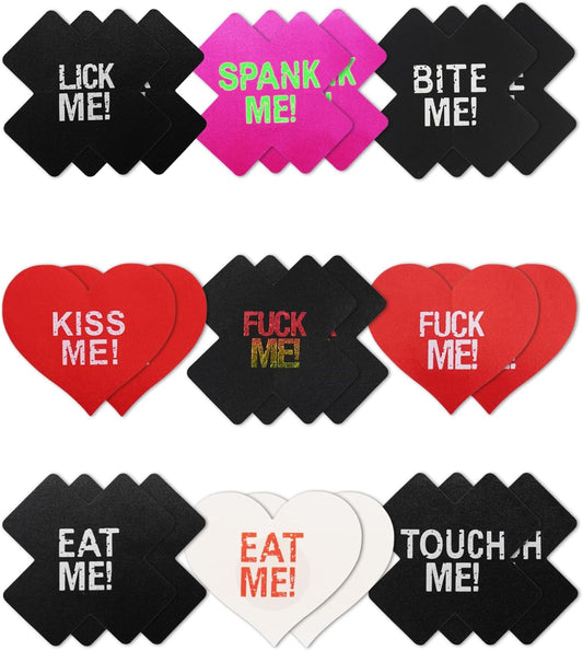 Pasties Sexy Nipple Covers 9 Pack Fun Pasty Pack for Rave Party Goth Lingerie Heart X Breast Petals with Words