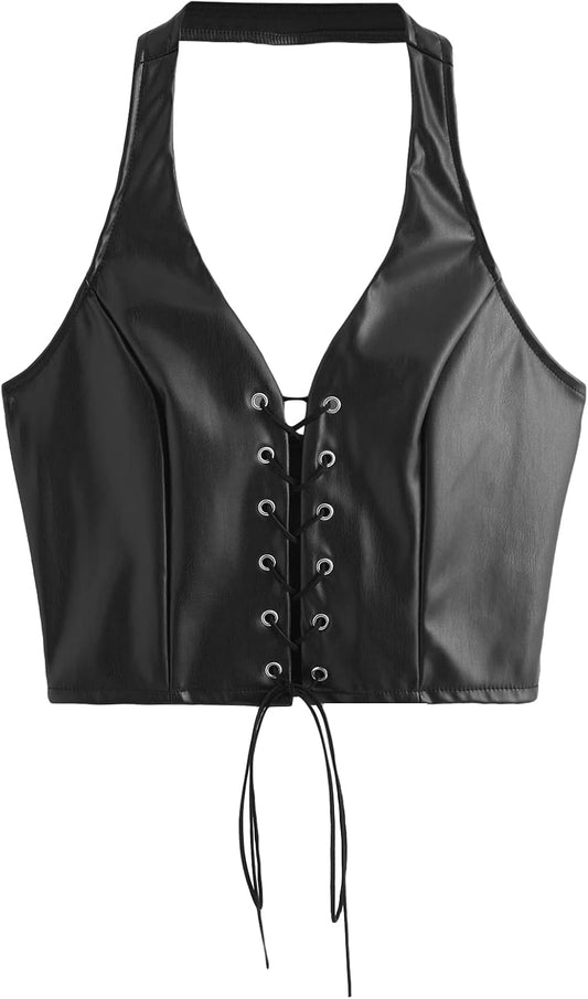 SweatyRocks Women's Faux Leather Crop Tank Top Lace Up Tie Front Halter Tops